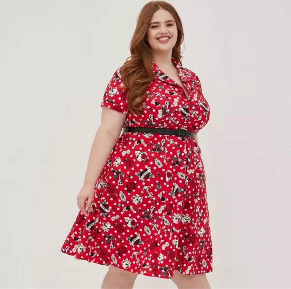 Torrid Retro Chic Red Skull Rose Love Graphic Belted Short Sleeve Midi Dress, 14